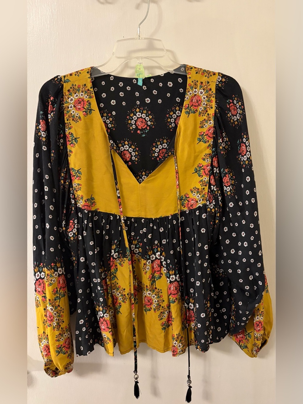 Farm Rio Boho Floral Mixed-Panel Tunic in Black & Mustard